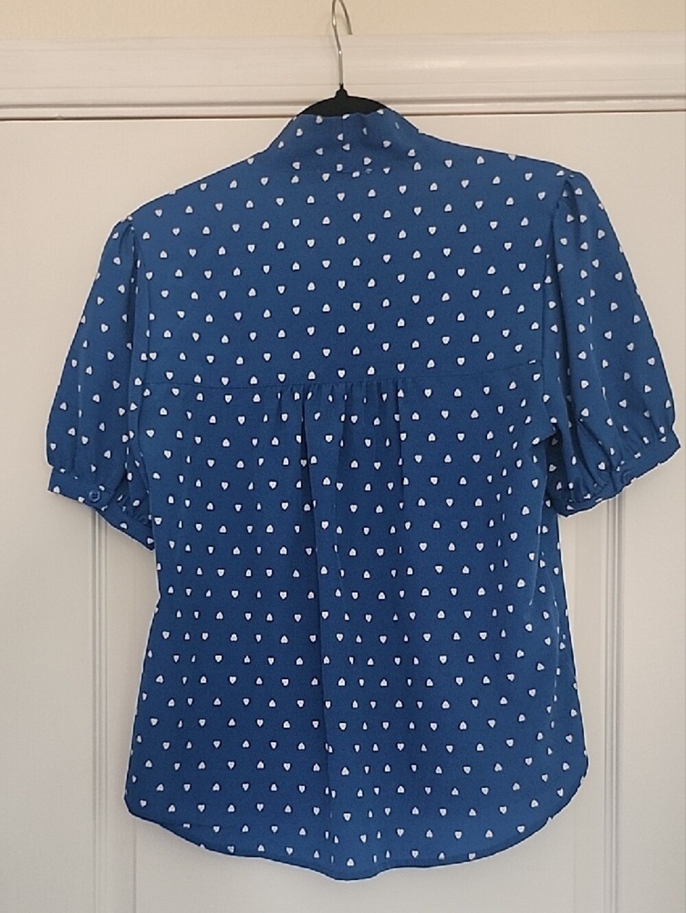 Blue Heart-Print Tie-Neck Blouse - Picture 3 of 5